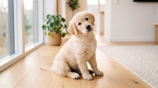 Adorable Golden Retriever puppy sitting on a light wooden floor in a bright, modern home, tilting its head with a curious expression