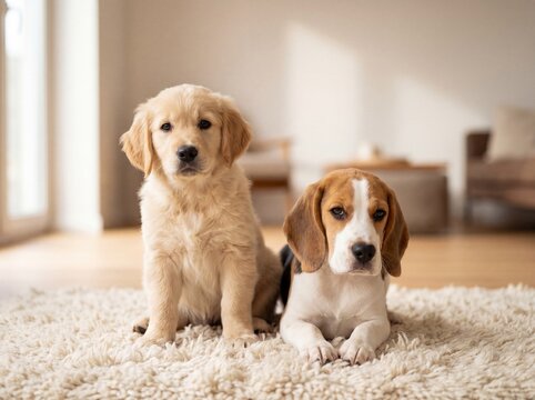 Adorable Golden Retriever and Beagle puppies sitting together on a soft rug in a bright living room