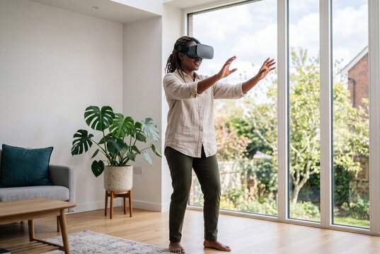 Young Black woman using a virtual reality headset and interacting with digital content in a bright, modern living room at home