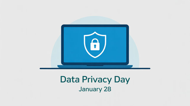 Data privacy day graphic featuring a laptop with a security shield with displays blue laptop computer white shield lock icon screen information
