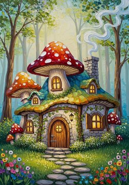 Fairy mushroom house in enchanted forest. Whimsical cottage with smoke from chimney and stone path. Magic elf dwelling in nature. Fantasy illustration for children storybook art.