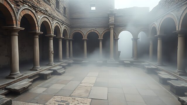Ancient Roman bathhouse ruins with broken mosaics in fog.