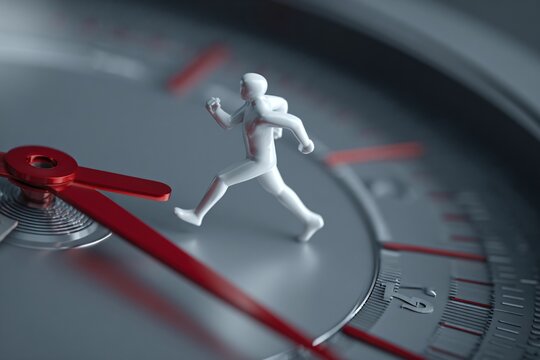 Miniature runner figure races against time on a clock face concept.