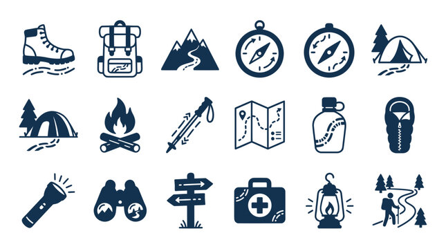 Outdoor Adventure and Camping Icons Set: Hiking, Backpacking, Navigation, Survival Gear