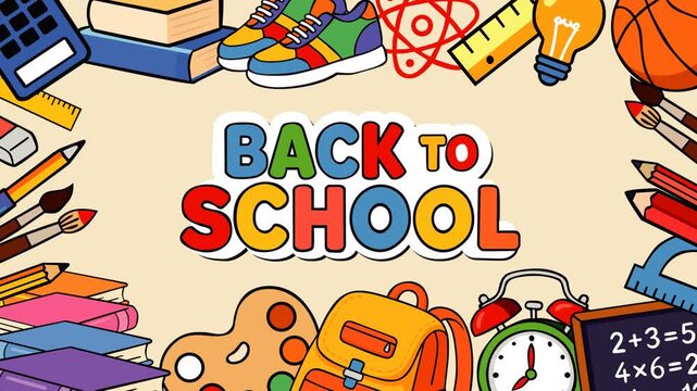 Colorful back to school animation featuring books, backpack, pencils, calculator, ruler, clock, chalkboard, and learning tools. Perfect for education promotions, classroom content