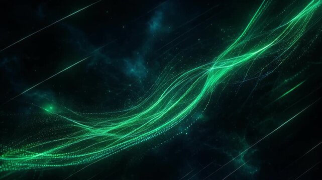 Abstract digital waves of glowing green particles on a dark background