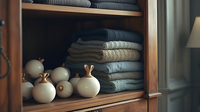 White camphor balls placed inside an antique wooden wardrobe with folded clothing.