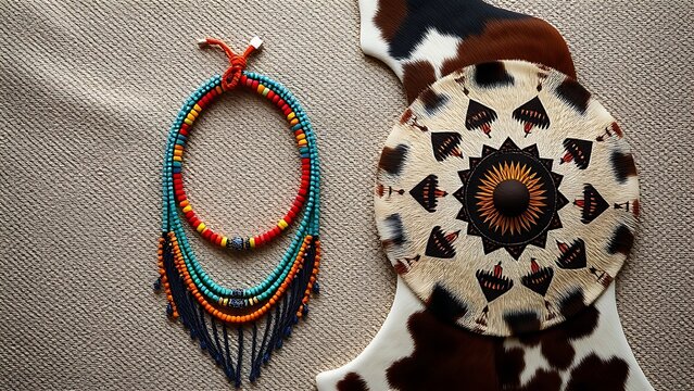 Colorful beaded jewelry and traditional shield on textured background, top-down view.