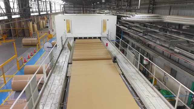 Corrugated paper manufacturing machine operating in factory. Paper mill, cardboard factory, industry, production, industrial machinery