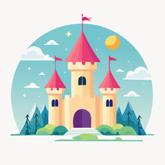 Fototapeta premium Fairytale castle illustration with flags and mountains