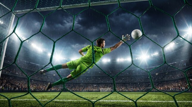 Soccer goalkeeper jumping to save a ball in stadium goal