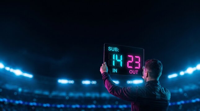 Soccer referee holding substitution board at night stadium