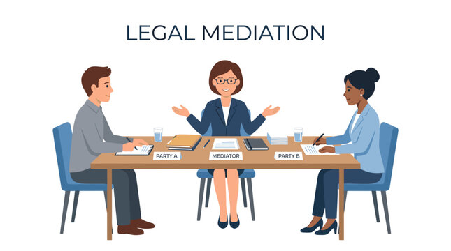 Legal Mediation Session with Mediator and Two Parties Discussing Agreement