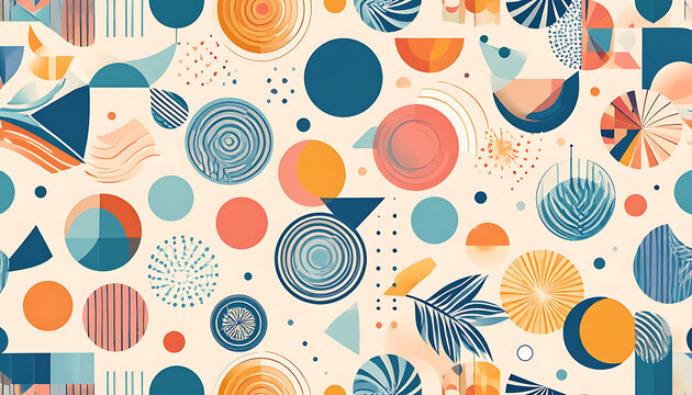 Geometric abstract pattern with circles and squares in warm coral and blue tones, repeating playful shapes