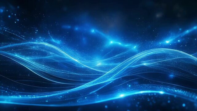Abstract blue digital wave with glowing particles and light trails