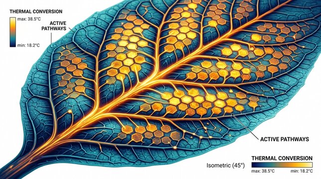Macro cross section of leaf cellular structure with digital data overlay wireframe 