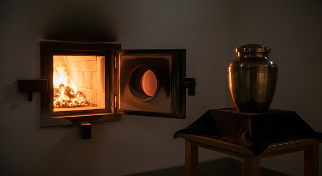 The cremation process is still ongoing, the fire is still visible in the furnace.
