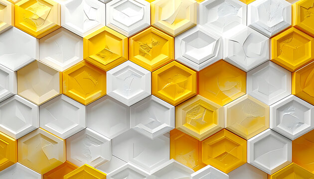 Geometric honeycomb pattern with interlocking hexagonal shapes in yellow and white, abstract technology or nature background