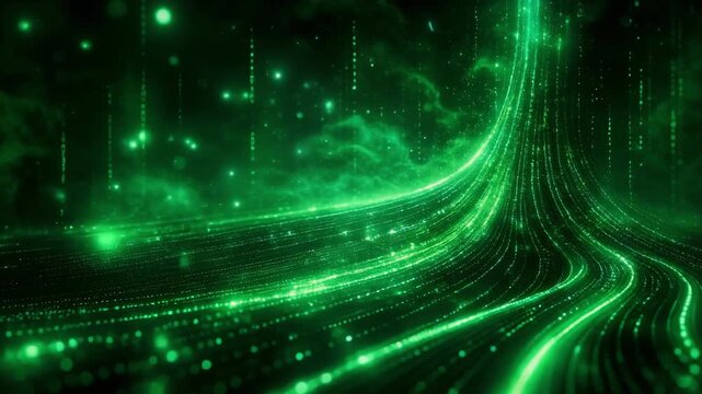 Abstract green digital wave with glowing particles and data streams