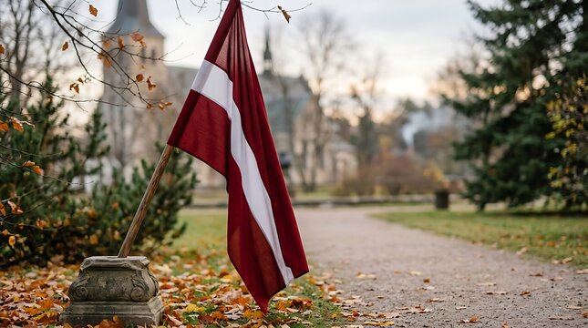 Latvian flag in an autumn park with historic church background