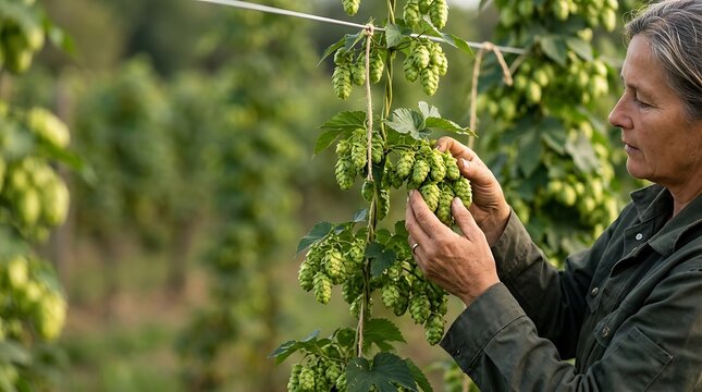 Female farmer inspecting fresh hop cones in a lush field