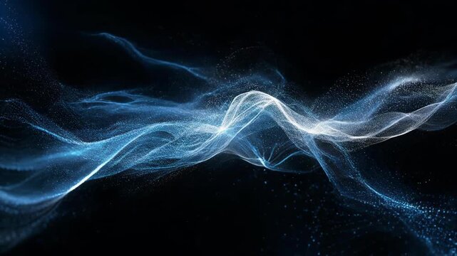 Abstract blue and white flowing particles forming wave-like patterns on black