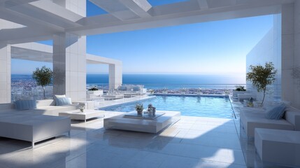 Fototapeta premium Luxurious rooftop terrace features an infinity pool overlooking a sprawling coastal city under a bright clear sky
