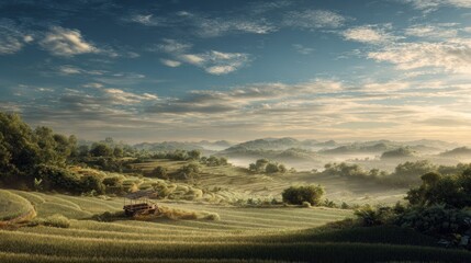 Obraz premium Agricultural hills with misty morning valley.