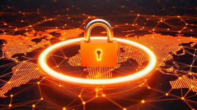 Digital padlock on glowing world map