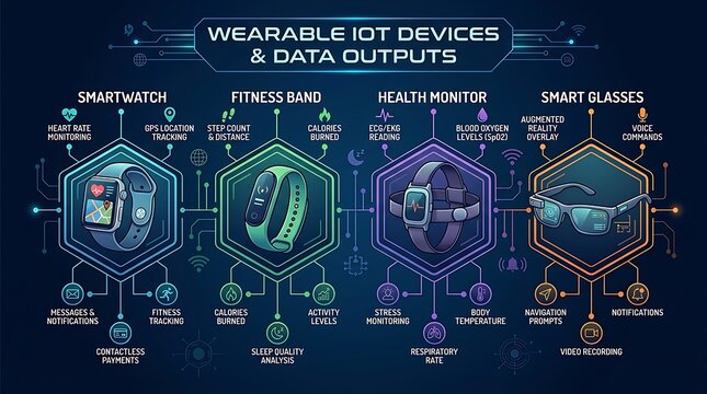 Infographic showing wearable iot devices and health data outputs