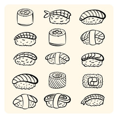 Japanese sushi and sashimi roll collection hand drawn doodle vector. Delicious asian food set with nigiri, maki, shrimp, and salmon rolls line art isolated on white background. © Pukskup
