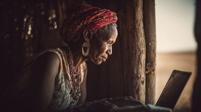 African senior woman using laptop in rustic cabin.