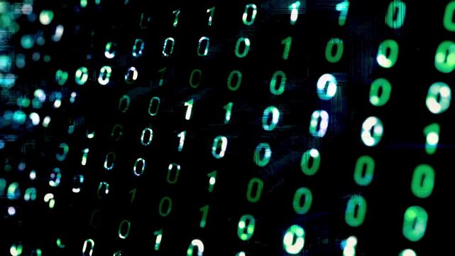Green and white binary code matrix glowing on black background