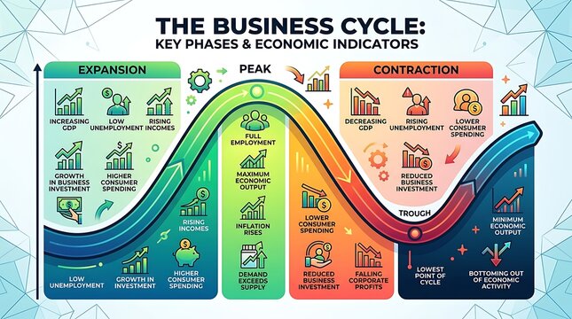 Business cycle infographic explaining economic phases and indicators