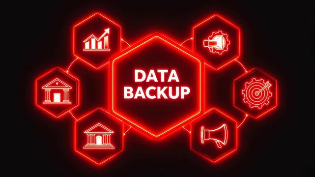 Neon glowing data backup icons