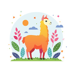 Fototapeta premium Cute llama illustration with plants and sun