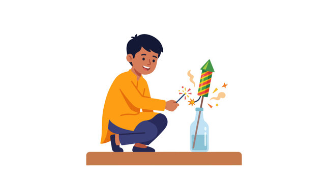 Young boy lighting a firecracker during festive celebrations.