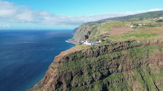 Aerial view of historic Farol da Ponta do Pargo lighthouse Madeira