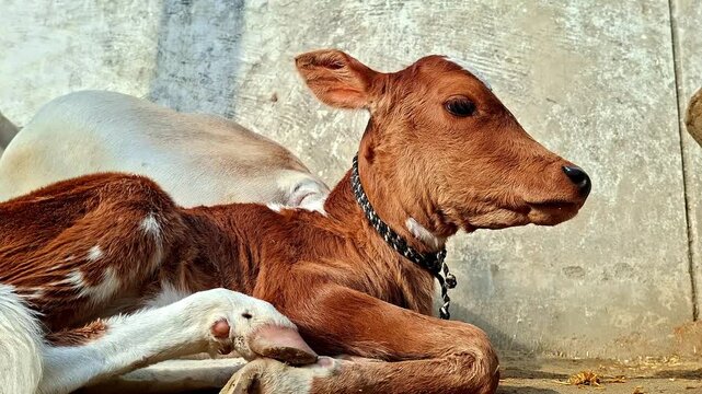 Brown And White Calf Resting On Rural Ground