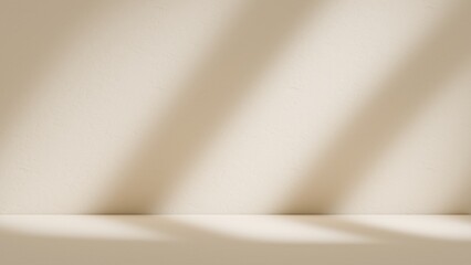 Minimalist beige studio background with natural window shadow overlay for product display mockup...