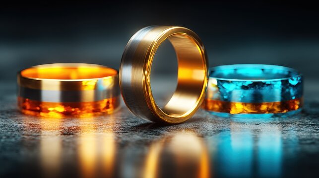 Three decorative bands with metallic and glowing inlaid sections rest on a reflective dark surface.