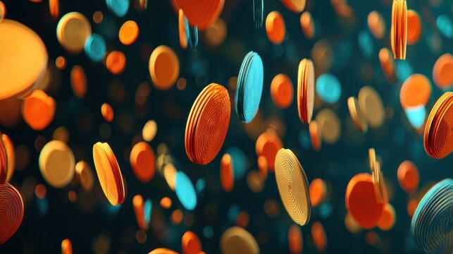Numerous round, flat objects with textured edges float against a dark background.