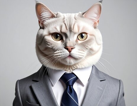 A surreal image presents a cat's head superimposed on a person in a gray suit and striped blue tie. The cat stares intently