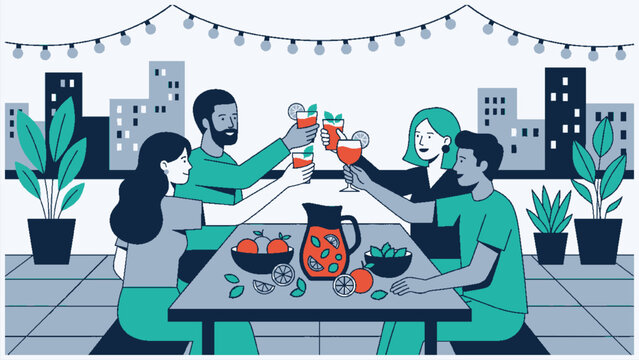 Friends toasting mocktails at rooftop sober social flat vector