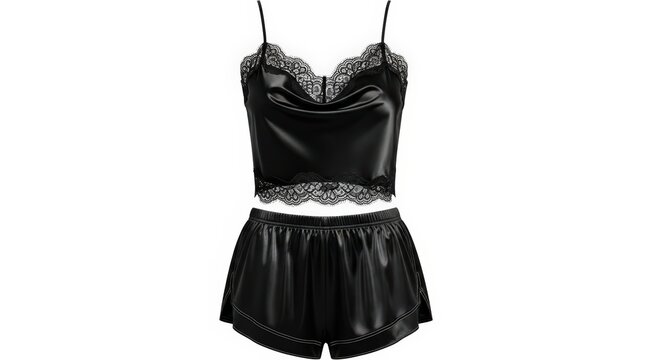 Chic Black Satin Camisole and Shorts Sleepwear Set Mockup with Lace Trim