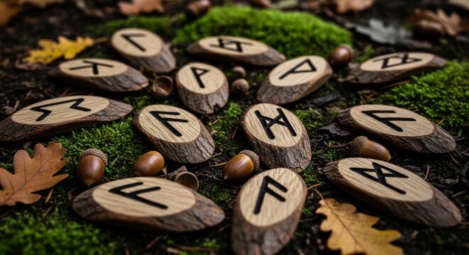 Wooden runes featuring Norse symbols arranged on green moss. Divination tools for fortune telling and witchcraft rituals. Ancient magic concept, spiritual practice and esoteric background.
