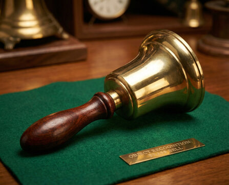 Polished Brass Bell on Green Felt with Wooden Handle and Metal Tag