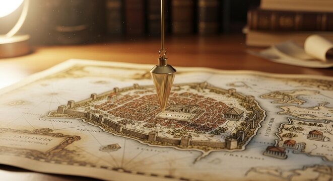 Brass plumb bob hanging over antique fantasy map on wooden desk. Dowsing tool used for divination and treasure hunting. Concept of exploration, mythology, ancient navigation and discovery.