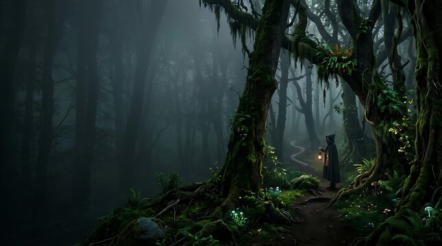 Mysterious wanderer with lantern in deep misty forest at night