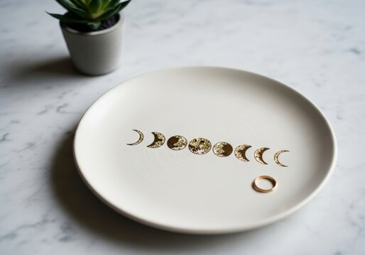 White ceramic plate with golden moon phase design and gold ring. Concept of astrology, astronomy, and jewelry storage. Minimalist home decor item on marble background table setting.
